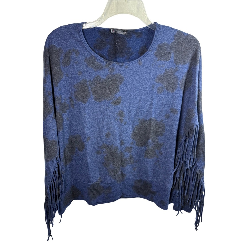 T-Party Womens Tie Dye Fringe Sleeve Top Blue Gray Boho Knit Lagenlook Art